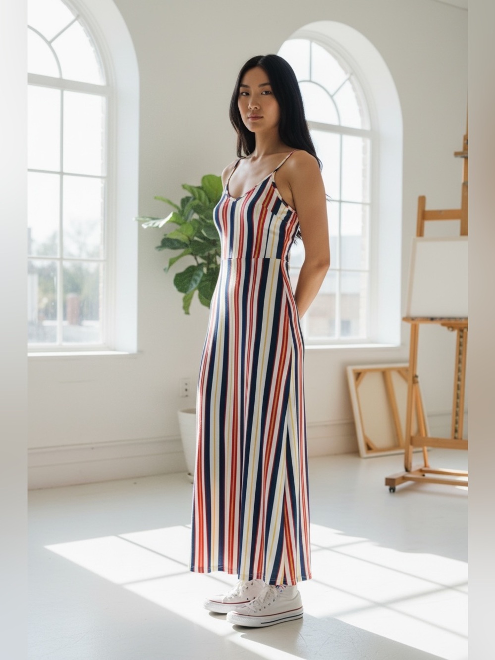 Striped Cream Maxi Slip Dress with Red & Navy - Lightweight Summer Maxi